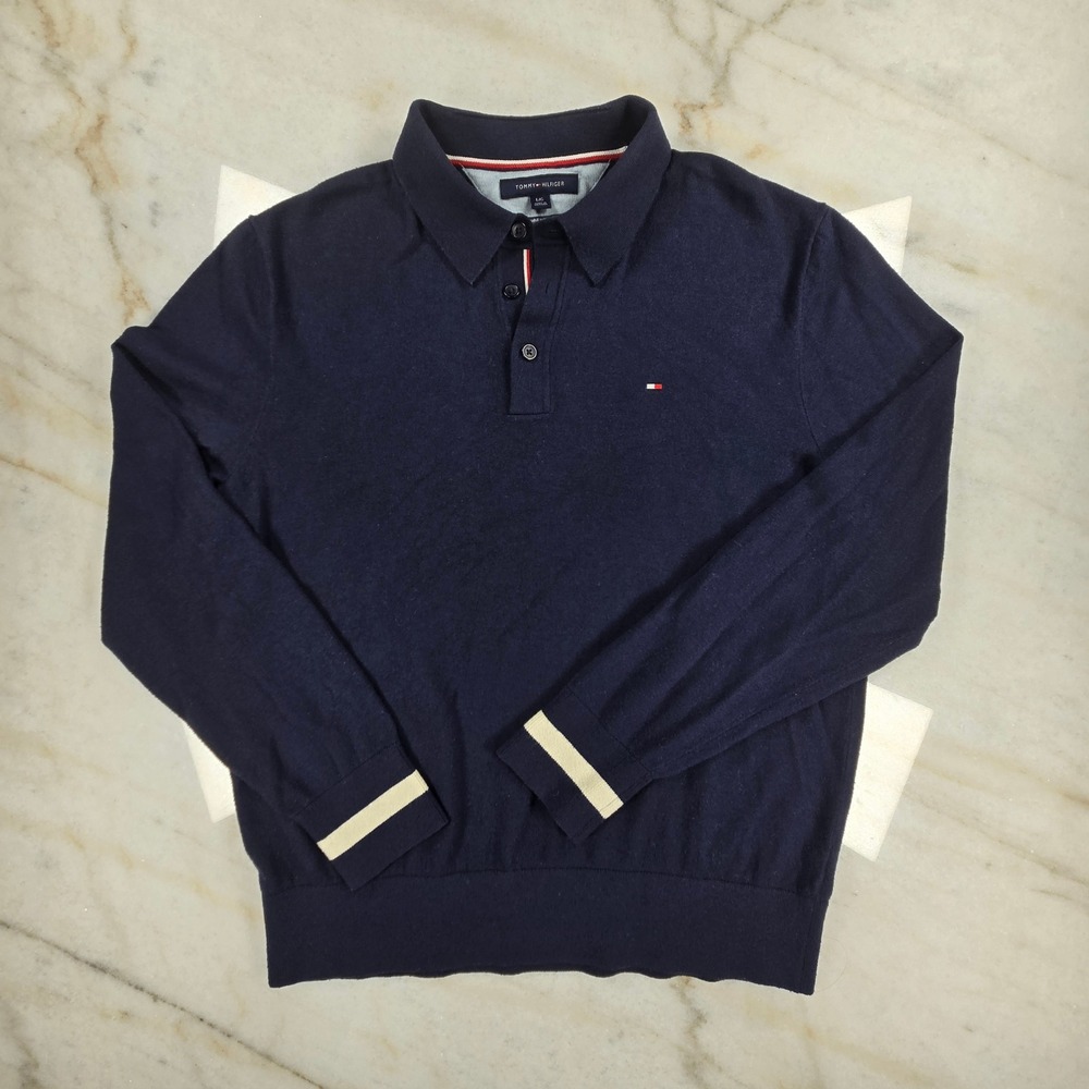 Tommy Hilfiger Polo Sweater Mens Large Navy Luxe Wool Blend Preppy Classic